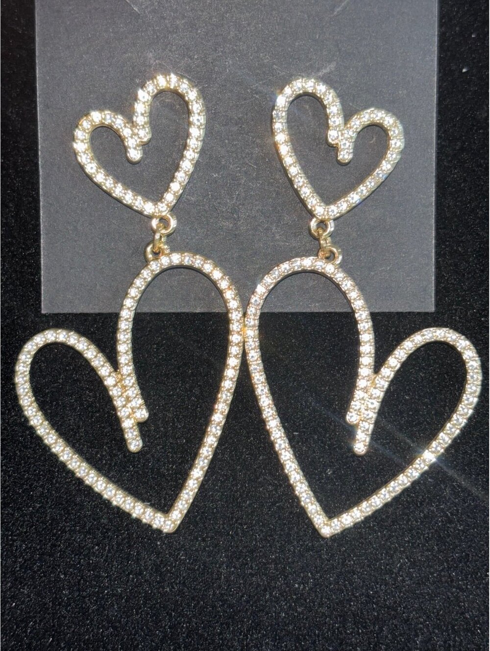 Gold Double Heart Crystal Drop Earrings - Picture 1 of 1